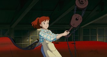 Movie still from “Porco Rosso” (1992), directed by Hayao Miyazaki – A woman is holding a chain on a crane; Medium shot, Low angle