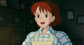 Movie still from “Porco Rosso” (1992), directed by Hayao Miyazaki – A woman with red hair is smiling for the camera; Close Up shot, Low angle