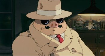 Movie still from “Porco Rosso” (1992), directed by Hayao Miyazaki – A cartoon pig wearing a trench coat and a hat; Close Up shot, Low angle