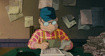 Movie still from “Porco Rosso” (1992), directed by Hayao Miyazaki – An animated cat sitting at a table writing on a piece of paper; Medium shot, High angle