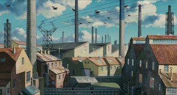 Movie still from “Porco Rosso” (1992), directed by Hayao Miyazaki – An oil painting of an industrial area with power lines overhead; Extreme Wide shot, Low angle