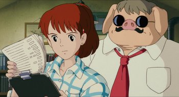 Movie still from “Porco Rosso” (1992), directed by Hayao Miyazaki – A girl and a pig are looking at a book; Medium shot, Over the shoulder angle