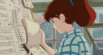 Movie still from “Porco Rosso” (1992), directed by Hayao Miyazaki – A girl is reading a paper in front of a window; Medium shot, Low angle