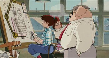 Movie still from “Porco Rosso” (1992), directed by Hayao Miyazaki – A couple of people sitting in a room; Medium shot, Low angle