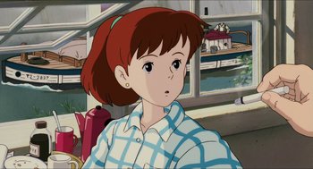 Movie still from “Porco Rosso” (1992), directed by Hayao Miyazaki – A girl with red hair and a blue and white checkered shirt; Medium shot, Low angle