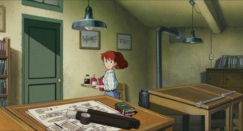 Movie still from “Porco Rosso” (1992), directed by Hayao Miyazaki – A girl is holding a tray of food in a room; Wide shot, High angle