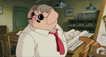 Movie still from “Porco Rosso” (1992), directed by Hayao Miyazaki – A pig wearing glasses and a red neck tie; Medium shot, Low angle