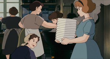 Movie still from “Porco Rosso” (1992), directed by Hayao Miyazaki – An animated picture of a woman holding a stack of plates; Medium shot, Low angle