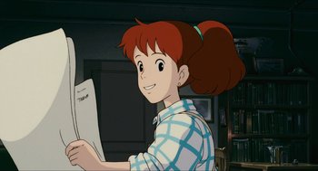 Movie still from “Porco Rosso” (1992), directed by Hayao Miyazaki – A girl is smiling while reading a paper; Medium shot, High angle