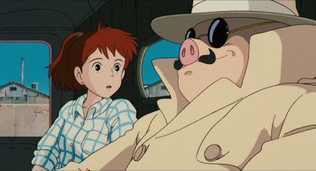 Movie still from “Porco Rosso” (1992), directed by Hayao Miyazaki – A woman and a man sitting next to each other in a car; Close Up shot, Low angle