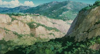 Movie still from “Porco Rosso” (1992), directed by Hayao Miyazaki – An oil painting of a mountain side with trees and bushes; Extreme Wide shot, Low angle