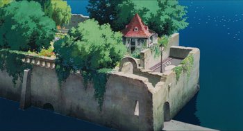 Movie still from “Porco Rosso” (1992), directed by Hayao Miyazaki – An artist's rendering of a house with trees growing around it; Extreme Wide shot, High angle