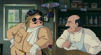Movie still from “Porco Rosso” (1992), directed by Hayao Miyazaki – Two cartoon characters sitting at a table with a glass of wine; Medium shot, Low angle