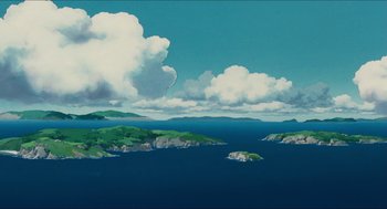 Movie still from “Porco Rosso” (1992), directed by Hayao Miyazaki – A painting of a large body of water; Extreme Wide shot, High angle
