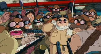 Movie still from “Porco Rosso” (1992), directed by Hayao Miyazaki – A group of people with guns in their hands; Medium shot, Low angle