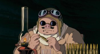 Movie still from “Porco Rosso” (1992), directed by Hayao Miyazaki – An animated pig wearing a pilot's hat and goggles; Medium shot, Low angle