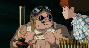 Movie still from “Porco Rosso” (1992), directed by Hayao Miyazaki – An animated pig wearing a pilot's outfit and goggles; Close Up shot, Low angle