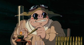 Movie still from “Porco Rosso” (1992), directed by Hayao Miyazaki – An animated pig is holding a paintbrush in his mouth; Medium shot, Low angle