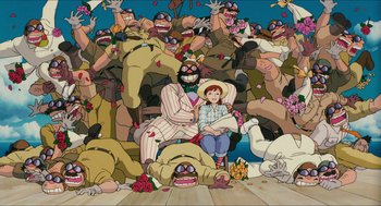 Movie still from “Porco Rosso” (1992), directed by Hayao Miyazaki – An illustration of a man and a woman sitting in front of a bunch of zombies; Wide shot, High angle