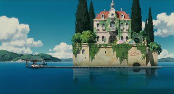 Movie still from “Porco Rosso” (1992), directed by Hayao Miyazaki – A painting of an island with a castle on top of it; Extreme Wide shot, Low angle
