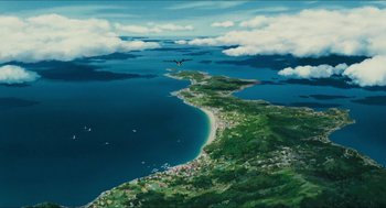 Movie still from “Porco Rosso” (1992), directed by Hayao Miyazaki – An aerial view of the ocean with a bird flying over it; Extreme Wide shot, High angle