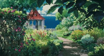 Movie still from “Porco Rosso” (1992), directed by Hayao Miyazaki – An oil painting of a gazebo in the middle of a flower garden; Extreme Wide shot, Low angle