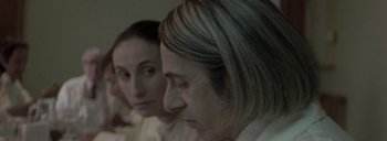 Movie still from “Post Mortem” (2010), directed by Pablo Larraín – Two women sitting side by side looking at each other; Close Up shot, Over the shoulder angle