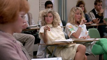Movie still from “Pretty in Pink” (1986), directed by Howard Deutch – A group of people sitting in a classroom; Medium shot, Over the shoulder angle