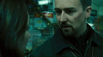 Movie still from “Pride and Glory” (2008), directed by Gavin O'Connor – A man and a woman are talking in the street; Close Up shot, Over the shoulder angle