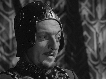 Movie still from “Prince of Foxes” (1949), directed by Henry King – A person wearing a helmet; Close Up shot, High angle