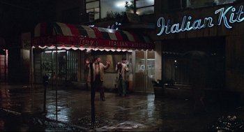 Movie still from “Prince of the City” (1981), directed by Sidney Lumet – A group of people standing in front of an italian restaurant; Wide shot, High angle