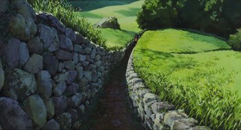 Movie still from “Princess Mononoke” (1997), directed by Hayao Miyazaki – A painting of a stone wall with a path going through it; Extreme Wide shot, High angle