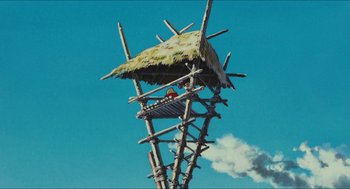 Movie still from “Princess Mononoke” (1997), directed by Hayao Miyazaki – A man sitting on top of a wooden structure; Extreme Wide shot, Low angle