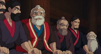 Movie still from “Princess Mononoke” (1997), directed by Hayao Miyazaki – A group of men sitting next to each other; Medium shot, High angle
