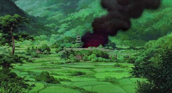 Movie still from “Princess Mononoke” (1997), directed by Hayao Miyazaki – An oil painting of a green valley with a black smoke coming out of it; Extreme Wide shot, High angle