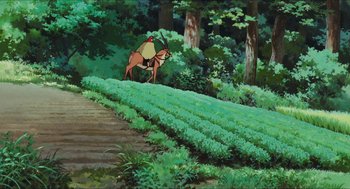 Movie still from “Princess Mononoke” (1997), directed by Hayao Miyazaki – A painting of a man with a goat on his back walking down a path; Extreme Wide shot, High angle