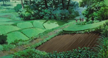 Movie still from “Princess Mononoke” (1997), directed by Hayao Miyazaki – Three people are standing on a dirt path; Extreme Wide shot, High angle