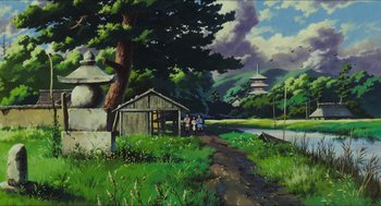Movie still from “Princess Mononoke” (1997), directed by Hayao Miyazaki – An oil painting of people standing on a dirt road; Extreme Wide shot, Low angle