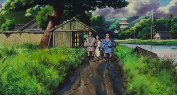 Movie still from “Princess Mononoke” (1997), directed by Hayao Miyazaki – A painting of three people on a dirt road; Extreme Wide shot, Low angle