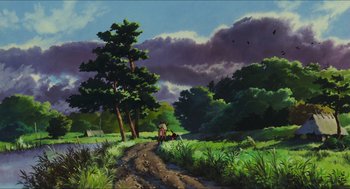 Movie still from “Princess Mononoke” (1997), directed by Hayao Miyazaki – A painting of a dirt road with a person sitting on the side of the road; Extreme Wide shot, Low angle
