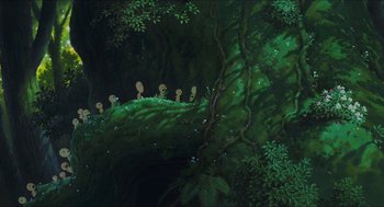 Movie still from “Princess Mononoke” (1997), directed by Hayao Miyazaki – A painting of trees and bushes in a forest; Extreme Wide shot, High angle