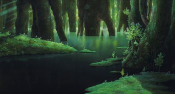 Movie still from “Princess Mononoke” (1997), directed by Hayao Miyazaki – A painting of trees and a body of water; Extreme Wide shot, High angle