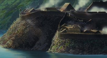 Movie still from “Princess Mononoke” (1997), directed by Hayao Miyazaki – An artistic painting of an island with houses on top of it; Extreme Wide shot, High angle