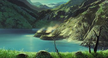 Movie still from “Princess Mononoke” (1997), directed by Hayao Miyazaki – An oil painting of mountains and a body of water; Extreme Wide shot, Low angle