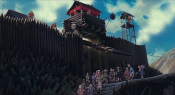 Movie still from “Princess Mononoke” (1997), directed by Hayao Miyazaki – An animated picture of a group of people standing on a bridge; Extreme Wide shot, Low angle