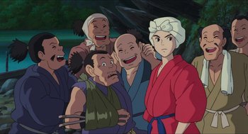 Movie still from “Princess Mononoke” (1997), directed by Hayao Miyazaki – A group of people standing next to each other in front of trees; Medium shot, Low angle