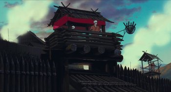 Movie still from “Princess Mononoke” (1997), directed by Hayao Miyazaki – An animated scene of two people sitting on a balcony; Extreme Wide shot, Low angle