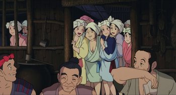 Movie still from “Princess Mononoke” (1997), directed by Hayao Miyazaki – A group of people in robes and hats in front of a building; Medium shot, Low angle