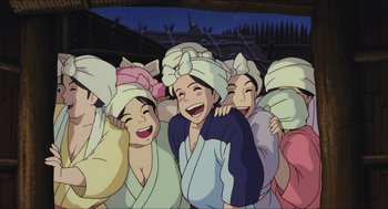 Movie still from “Princess Mononoke” (1997), directed by Hayao Miyazaki – A group of people with towels on their heads; Medium shot, Low angle