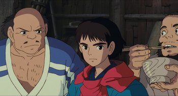 Movie still from “Princess Mononoke” (1997), directed by Hayao Miyazaki – A man and a woman standing next to each other in a room; Medium shot, Low angle